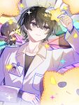 2boys :3 :o bandaged_wings bandaid bandaid_on_wing black_coat black_eyes black_hair black_pants black_shirt black_vest breast_pocket cartoon_wings chibi closed_lab_coat closed_mouth coat coat_on_shoulders collarbone commentary crystal_wings dual_persona eyelashes_through_hair falling_petals finame0 flying_sweatdrops from_above glass_shards highres holding holding_star id_card jitome lab_coat lapels light_particles limbus_company long_sleeves looking_at_another looking_at_object lying male_focus messy_hair multicolored_wings multiple_boys necktie notched_lapels notice on_back pants petals pocket project_moon red_necktie sang_yi_(project_moon) shirt short_hair smile sparkle star_(symbol) stitches stuffed_star symbol-only_commentary upper_body vest white_coat white_shirt white_trim white_wings wings yellow_petals yi_sang_(project_moon) 