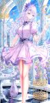  1girl absurdres architecture bird birdcage black_bow black_bowtie blush bow bowtie breasts bug building butterfly cage closed_mouth cloud commentary cup curtained_hair day dress eyelashes feet_out_of_frame flower hair_flower hair_ornament highres hydrokinesis large_breasts long_hair original pillar pink_butterfly pink_dress plate puffy_short_sleeves puffy_sleeves purple_butterfly purple_eyes purple_flower purple_hair purple_rose rainbow ringlets rose short_sleeves sky smile solo standing symbol-only_commentary table teacup tina_(tinafya) vase water 