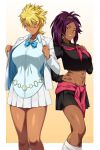  2girls abs black_sailor_collar black_shirt black_skirt blazer bleach blonde_hair breasts clothes_around_waist collared_shirt commentary contrast cropped_shirt dark-skinned_female dark_skin earrings english_commentary gradient_background green_eyes grin hair_between_eyes hand_on_own_hip hands_up highres jacket jewelry large_breasts lindaroze long_sleeves looking_at_viewer medium_hair miniskirt multiple_girls navel neckerchief necklace pink_neckerchief pleated_skirt purple_hair purple_lips sailor_collar shihouin_yoruichi shirt short_hair skirt smile thighs tier_harribel white_jacket white_skirt yellow_eyes 