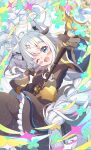  1girl absurdres ahoge animal_ear_fluff animal_ears black_gloves black_thighhighs blush braid breasts fox_ears fox_girl fox_shadow_puppet fox_tail gloves hair_between_eyes highres holding holding_scepter hololive hololive_gamers long_hair looking_at_viewer mahou_shoujo_holowitch! medium_breasts one_eye_closed open_mouth rappi scepter shirakami_fubuki smile solo tail thighhighs twin_braids very_long_hair virtual_youtuber white_hair witch 