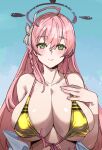  1girl ahoge bare_shoulders bikini blue_archive blush bow bow_(bhp) braid breasts cleavage closed_mouth collarbone fingernails front-tie_bikini_top front-tie_top green_eyes hair_between_eyes hair_bow halo hanako_(blue_archive) hand_on_own_chest heart heart_in_eye highres huge_breasts long_hair looking_at_viewer pink_hair pink_halo shirt smile solo swimsuit symbol_in_eye upper_body white_bow white_shirt yellow_bikini 