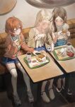  3girls absurdres blonde_hair blue_overskirt blue_skirt blush brown_hair burger camisole chicken_nuggets chinese_commentary cola collarbone commentary_request crane666 cup denim denim_shorts disposable_cup eating food french_fries gakuen_idolmaster hanami_ume hatsuboshi_gakuen_school_uniform highres holding holding_burger holding_food ice_cream idolmaster indoors kuramoto_china mcdonald's miniskirt multiple_girls orange_hair parted_bangs pleated_skirt restaurant school_uniform shinosawa_hiro shirt shoes shorts sitting skirt sneakers thighhighs tray white_camisole white_shirt white_thighhighs 