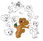 anthro cotton_tail digital_media_(artwork) fantasy_creature food fruit fur happy hi_res hugo_(jungledyret) leaning leaning_sideways male mongo_pangolin multiple_poses open_mouth plant pose semi-anthro simple_background smug_face solo surprised white_background yawn yellow_body yellow_fur