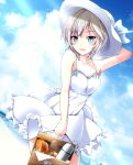  1girl :d anastasia_(idolmaster) beach blue_eyes breasts cleavage cloud commentary_request cowboy_shot day dress flask food grey_hair hand_on_headwear hat highres idolmaster idolmaster_cinderella_girls kiki_(koikuchikinako) open_mouth outdoors picnic_basket sandwich short_hair sky small_breasts smile solo sun_hat sundress thermos water white_dress 