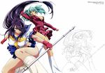  cleavage ikkitousen ikkitousen~great_guardians~ kanu_unchou line_art no_bra nopan open_shirt rin_sin ryofu_housen seifuku weapon 