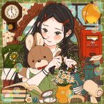  1girl antique_phone black_eyes black_hair blush book braiding_hair bubble clock comb electric_fan eyelashes flower gem hair_ornament hairclip hairdressing highres holding holding_comb holding_own_hair jewelry lips long_hair looking_at_viewer mtirn3373 open_book original parted_lips ring solo square stuffed_animal stuffed_toy vase wall_clock white_flower 