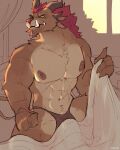 4_ears abs absurd_res anthro anthrofied bed_sheet bedding bedroom bulge charr claws clothed clothing digital_media_(artwork) fangs felid fur genitals green_eyes guild_wars hair hi_res male mammal multi_ear muscular muscular_anthro muscular_male nipples pecs penis ravan red_hair rytlock_brimstone solo tail teeth underwear underwear_only