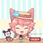  1boy :3 ^_^ artist_name bird blue_background bow bowtie cat_boy cat_tail character_doll character_request closed_eyes commentary_request disney english_text gloves hat hat_ribbon highres male_focus mickey_mouse mickey_mouse_&amp;_friends microphone open_mouth original pale_skin pink_hair red_bow red_bowtie ribbon shoes short_hair smile solo striped_background striped_bow striped_bowtie striped_clothes suruga_kanade tail twitter_username vertical-striped_background watermark white_gloves yellow_hat yellow_shoes 
