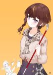  1girl belt black_skirt blush braid brown_belt brown_hair brown_shirt character_request collarbone copyright_request crowbar earrings highres hitting holding holding_shovel jewelry long_sleeves looking_at_viewer multicolored_hair necktie nin_fake orange_background orange_hair partially_colored purple_eyes shirt short_hair shovel side_braid signature simple_background single_braid skirt smile streaked_hair 