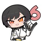  1girl 6 \m/ artist_request black_hair blush bodysuit check_artist chibi chibi_only chinese_commentary girls&#039;_frontline girls&#039;_frontline_neural_cloud hand_up looking_at_viewer madcore official_art second-party_source smile solo xinghuan_(neural_cloud) 