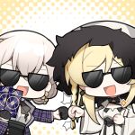  2girls :d artist_request black_ribbon blonde_hair braid card chibi chibi_only chinese_commentary fist_bump girls&#039;_frontline girls&#039;_frontline_neural_cloud hair_ribbon holding holding_card long_hair luna_(neural_cloud) multiple_girls official_art open_mouth ribbon second-party_source shirt smile solo sparkle sunglasses tarot tarot_card thumbs_up white_shirt yelena_(neural_cloud) 