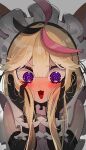  1girl @_@ absurdres ahoge alternate_costume animal_ears black_gloves black_hair blonde_hair blunt_bangs blush commentary double-parted_bangs elbow_gloves embarrassed eyelashes fang fox_ears fox_girl frilled_wrist_cuffs frills gloves grey_background hair_between_eyes hands_on_own_cheeks hands_on_own_face highres hololive long_hair looking_down maid maid_day maid_headdress multicolored_hair omaru_polka open_mouth pink_hair portrait purple_eyes simple_background skin_fang solo streaked_hair swirl virtual_youtuber wrist_cuffs yuuppi 
