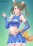  1girl alternate_costume animal_ears anti_(untea9) arm_warmers blue_skirt blue_tank_top blush breasts cheerleader cowboy_shot extra_ears fox_ears fox_shadow_puppet fox_tail gradient_background green_background highres hokkaido_nippon-ham_fighters holding holding_pom_poms kantai_collection long_hair looking_at_viewer medium_breasts navel open_mouth pom_pom_(cheerleading) skirt solo tail tank_top zuikaku_(cheerleader)_(kancolle) zuikaku_(kancolle) 