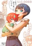  amate_yuzuriha aqua_eyes baby baby_carry black_hair blush breasts carrying carrying_baby carrying_person closed_mouth gundam gundam_gquuuuuux highres holding kuroda_asaki looking_at_viewer mother_and_child mother_and_daughter multiple_girls open_mouth red_hair shirt short_hair short_sleeves smile speech_bubble tamaki_yuzuriha upper_body 