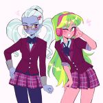  2girls ;d arm_at_side black_bow black_bowtie black_pantyhose blue_eyeshadow blue_skin bow bowtie breasts buttons clenched_hand collared_shirt colored_skin commentary contrapposto cowboy_shot crystal_prep_academy_school_uniform english_commentary exxi00 eyeshadow flat_chest glasses green_hair grey_hair grin hair_ornament hand_on_own_thigh headphones highres jacket leaning_forward lemon_zest long_hair long_sleeves looking_at_another looking_at_viewer makeup miniskirt multicolored_hair multiple_girls my_little_pony my_little_pony:_equestria_girls my_little_pony:_friendship_is_magic one_eye_closed orange-framed_eyewear pantyhose pink_background pink_jacket pink_skirt plaid_clothes plaid_skirt purple_eyes rectangular_eyewear school_uniform shirt short_sleeves side-by-side sideways_glance simple_background skirt small_breasts smile squiggle standing sugarcoat turning_head twintails two-tone_hair very_long_hair white_hair white_shirt yellow_eyes 