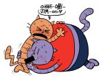 2025 anthro big_jim_(dog_man) blush bodily_fluids bottomwear censored clothing cum dog_man_(series) domestic_cat duo english_text eyes_closed felid feline felis genital_fluids grampa_(dog_man) hi_res male male/male mammal open_mouth overweight overweight_male shirt shorts simple_background sweat teddyclowns text topwear white_background