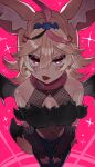  1girl absurdres ahoge animal_ears bare_shoulders blonde_hair blush breasts cleavage commentary_request eyelashes eyeshadow flipped_hair fox_ears fox_girl fox_tail from_above grumpy hair_between_eyes highres hololive long_hair looking_at_viewer makeup mark_under_eye multicolored_hair omaru_polka pink_background pink_eyes pink_hair pointy_ears shiny_skin solo sparkle streaked_hair tail tongue tongue_out virtual_youtuber yuuppi 