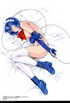  absurdres bed_sheet blue_gloves blue_hair breasts copyright_name cuffs elbow_gloves eyepatch gloves green_eyes handcuffs highres ikkitousen large_breasts lying mole mole_under_mouth nude on_side ryomou_shimei shiozaki_yuji short_hair sideboob solo thighhighs white_legwear 