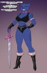 anthro arm_warmers armwear black_lips blue_body blue_fur boots clothing collar crovirus dialogue english_text felid female footwear fur fur_clothing fur_trim_(clothing) gem gradient_background green_eyes grinning_at_viewer hand_on_hip hi_res high_heeled_boots high_heels holding_melee_weapon holding_object holding_sword holding_weapon legends_of_dragonore lips mammal melee_weapon muscular muscular_female pantera_(legends_of_dragonore) pantherine shoes simple_background solo speech_bubble sword text weapon