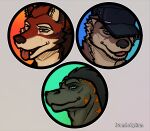 absurd_res anthro canid canine canis clothing ear_piercing echo_(game) echo_(series) echo_project flynn_moore gila_monster group hat headgear headshot_portrait headwear helodermatid hi_res ivnislykun leo_alvarez lizard looking_at_viewer male mammal markings mischievous_smile mustelid one_eye_closed otter piercing portrait red_wolf reptile river_otter scalie smile smiling_at_viewer sydney_bronson three-quarter_view tongue tongue_out trio wink wolf