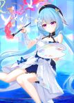  1girl absurdres ahoge beret blue_hair breasts chinese_commentary commentary_request dress flower griseo griseo_(starry_impression) hair_flower hair_ornament hat highres holding holding_paint_palette holding_paintbrush honkai_(series) honkai_impact_3rd long_hair paint_palette paintbrush purple_eyes small_breasts solo sorayo_noriyuki white_dress 