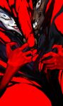  1other aayes19 baron_ashura bisected blood blue_eyes blue_eyeshadow brown_eyes colored_extremities colored_skin crazy_eyes crazy_grin crazy_smile dark-skinned_male dark_skin evil_grin evil_smile eyeshadow grin heterochromia hood hood_up hooded_robe lipstick makeup mazinger_(series) mazinger_z multicolored_skin purple_robe red_background red_hands red_lips robe sagittal_plane_cutting smile split-color_skin split_head two-tone_skin white_skin wide-eyed 