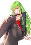  :d alternate_costume arm_at_side black_bra black_choker black_jacket black_legwear blush bra bra_peek breasts buttons c.c. choker cleavage code_geass collarbone creayus cropped_jacket eyebrows_visible_through_hair fingernails foreshortening green_hair hand_on_own_knee head_tilt highres jacket knee_up legs long_hair long_sleeves looking_at_viewer medium_breasts open_clothes open_jacket open_mouth pantyhose parted_lips red_vest shiny shiny_hair simple_background smile solo straight_hair tera_online underwear very_long_hair vest white_background yellow_eyes 