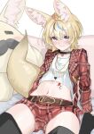  1girl 9tk9m ahoge animal_ear_fluff animal_ears ass_visible_through_thighs belt black_hair blonde_hair blue_hair blush choker commentary extra_ears fox_ears fox_girl fox_tail hair_between_eyes heart highres hololive jacket legs_apart long_sleeves looking_at_viewer midriff multicolored_hair navel official_alternate_costume omaru_polka omaru_polka_(5th_costume) pink_hair plaid_clothes plaid_jacket plaid_shorts purple_eyes shirt short_hair shorts smile solo stomach streaked_hair stuffed_animal stuffed_toy tail thighhighs thighs virtual_youtuber white_shirt zain_(omaru_polka) 