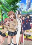  5girls :d black_eyes black_hair black_necktie black_shoes black_skirt black_socks blazer blue_eyes blue_serafuku blue_socks bow bowtie brown_eyes brown_hair closed_mouth collared_shirt colored_skin dark-skinned_female dark_skin day emblem floating_hair flower flower_wreath grin hair_bow hair_flower hair_ornament head_wreath jacket kneehighs kuriba_ryouko lab_coat long_hair long_sleeves looking_at_another looking_at_viewer medium_hair medium_skirt midriff miniskirt misaka_mikoto multicolored_hair multicolored_skin multiple_girls navel neckerchief necktie official_art orange_flower orange_socks outdoors plaid_clothes plaid_skirt pleated_skirt purple_sailor_collar purple_shirt purple_skirt red_bow red_bowtie red_neckerchief sailor_collar sailor_shirt sakugawa_school_uniform saten_ruiko school_emblem school_uniform serafuku shirai_kuroko shirt shoes short_hair skirt smile socks stomach straight_hair sunlight tanaka_yuuichi toaru_kagaku_no_railgun toaru_kagaku_no_railgun_t toaru_majutsu_no_index tokiwadai_school_uniform twintails two-tone_hair uiharu_kazari white_bow white_flower white_hair white_socks wind_turbine winter_uniform wreath yellow_eyes 