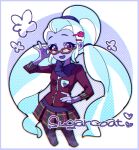  1girl :d adjusting_eyewear black_bow black_bowtie black_pantyhose blue_hair border bow bowtie breasts character_name chromatic_aberration colored_skin commentary contrapposto cropped_legs crystal_prep_academy_school_uniform english_commentary erakuneyo glasses hair_tie halftone halftone_background hand_on_own_hip heart highres jacket long_sleeves multicolored_hair my_little_pony my_little_pony:_equestria_girls my_little_pony:_friendship_is_magic open_mouth orange-framed_eyewear outside_border pantyhose pink_jacket plaid_clothes plaid_skirt purple_background purple_border purple_eyes purple_skin purple_skirt round_border school_uniform sideways_glance skirt small_breasts smile solo standing streaked_hair sugarcoat twintails two-tone_hair white_border white_hair 