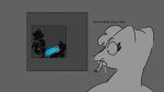 anthro big_penis female generation_5_pokemon generation_7_pokemon genitals glowing glowing_genitalia glowing_penis greyscale group humanoid legendary_pokemon looking_out_window male male/female mienshao monochrome nintendo penis pokemon pokemon_(species) rubykadobie shocked simple_background small_but_hung text zeraora