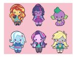  5girls :3 :d ^_^ ankle_boots ankle_socks aqua_eyes arms_at_sides beanie black_boots black_collar black_jacket black_shoes blonde_hair blue_hair blue_jacket blue_pants blue_shirt blue_skin blue_socks blunt_bangs blunt_ends boots border bow bowtie brown_eyes chibi chibi_only closed_eyes closed_mouth collar collared_jacket collared_shirt colored_skin derpy_hooves derpy_hooves_(equestria_girls) dog dress facing_viewer flipped_hair full_body green_dress green_eyes green_shirt green_skirt grey_pants grey_skin hair_behind_ear hair_ornament hat high_ponytail hood hood_down hooded_jacket ikirunosindo jacket knee_boots kneehighs long_hair looking_at_viewer multicolored_hair multiple_girls my_little_pony my_little_pony:_equestria_girls my_little_pony:_friendship_is_magic necktie official_alternate_costume official_alternate_hairstyle open_clothes open_jacket pants pencil_skirt pink_background pink_bow pink_bowtie pink_hat pink_skin pocket ponytail puffy_short_sleeves puffy_sleeves purple_boots purple_eyes purple_hair purple_skin purple_skirt red_hair ribbed_socks sci-twi shirt shoes short_sleeves skirt sleeveless sleeveless_jacket smile socks solid_circle_eyes spike_(equestria_girls) spike_(my_little_pony) spiked_collar spikes standing star_(symbol) star_hair_ornament star_print starlight_glimmer starlight_glimmer_(equestria_girls) straight-on straight_hair streaked_hair striped_clothes striped_shirt sunset_shimmer sunset_shimmer_(human) swept_bangs torn_clothes torn_pants trixie_lulamoon trixie_lulamoon_(equestria_girls) twilight_sparkle two-tone_hair very_long_hair wavy_hair wavy_sidelocks white_border white_hair white_socks yellow_necktie 