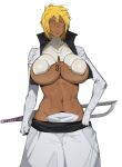  1girl arrancar bleach blonde_hair breasts cleavage collared_jacket dark-skinned_female dark_skin dr_octojuice facial_mark green_eyes highres hole huge_breasts jacket lips skirt spiked_hair sword tattoo tier_harribel toned toned_female weapon 
