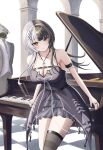  1girl absurdres almonxtea arm_strap black_dress black_hair black_nails black_thighhighs breasts cleavage closed_mouth dress grand_piano grey_hair highres hololive hololive_english instrument jewelry large_breasts long_hair looking_at_viewer multicolored_hair necklace novelites_(shiori_novella) piano ribbon ring shiori_novella shiori_novella_(1st_costume) single_thighhigh smile split-color_hair striped_clothes striped_thighhighs thighhighs two-tone_hair virtual_youtuber white_ribbon yellow_eyes 