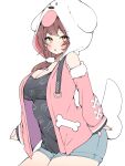  1girl animal_ears animal_hood animal_print arms_at_sides bare_shoulders black_shirt blue_shorts blush bone_print breasts brown_eyes brown_hair cartoon_bone cleavage clothing_cutout cowboy_shot denim denim_shorts dog_ears dog_girl dog_hood dog_print dog_tail fake_animal_ears fake_tail from_side fur-trimmed_sleeves fur_trim hair_ornament hair_over_shoulder hashtag-only_commentary highres hololive hood hooded_jacket inugami_korone inugami_korone_(loungewear) jacket kuma_no_bansoukou long_hair long_sleeves looking_at_viewer official_alternate_costume official_alternate_hairstyle parted_lips pink_jacket pom_pom_(clothes) pom_pom_hair_ornament print_shirt shirt shorts shoulder_cutout simple_background solo t-shirt tail turning_head virtual_youtuber white_background 