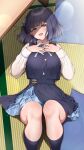  1girl blue_overskirt blue_ribbon blue_skirt blue_socks blue_vest blunt_bangs blush breasts commentary_request feet_out_of_frame gakuen_idolmaster hands_on_own_chest hataya_misuzu hatsuboshi_gakuen_school_uniform highres idolmaster indoors kneehighs knees_up long_hair long_sleeves looking_at_viewer lying medium_breasts mk_(mod0) mole mole_under_mouth neck_ribbon on_back pleated_skirt purple_eyes revision ribbon school_uniform shirt short_hair skirt skirt_set smile socks solo sweat table tatami vest white_shirt 