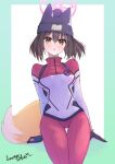  1girl absurdres amate_yuzuriha amate_yuzuriha_(cosplay) animal_ears arm_support beanie black_gloves blue_archive bodysuit breasts brown_hair commentary_request cosplay ears_under_headwear fox_ears fox_girl fox_tail gloves gundam gundam_gquuuuuux halo hat highres izuna_(blue_archive) izunasuki_art looking_at_viewer mecha_pilot_suit multicolored_bodysuit normal_suit_(gundam) pink_halo red_bodysuit revision short_hair signature simple_background small_breasts solo tail thigh_gap turtleneck turtleneck_bodysuit white_background yellow_eyes yellow_tail 