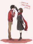  1boy 1girl black_hair black_serafuku black_skirt black_socks blush brown_background brown_hair brown_pants brown_shoes character_name comforting commentary crying dated facing_another from_side full_body hair_ornament hairclip happy_tears highres jacket kagerou_project kisaragi_shintarou loafers long_sleeves m_aoiro_daisuki open_clothes open_jacket open_mouth pants pleated_skirt red_jacket red_scarf scarf school_uniform serafuku shoes short_hair simple_background skirt socks tateyama_ayano tears 