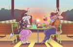 2025 aliasing anthro antlers aseprite_(artwork) barefoot beverage black_collar black_nose blue_bottomwear blue_clothing blue_eyes blue_highlights blue_pants border_collie bottomwear bread breasts brown_hair brown_hooves brown_nose butter_knife canid canine canis chair clothed clothing collar collie cutlery date deer detailed_background digital_drawing_(artwork) digital_media_(artwork) digitigrade dinner dinner_date dinner_table dithering domestic_dog drinking_straw duo dyyrlysh eye_contact feet female food fork fully_clothed furniture hair half-closed_eyes head_tuft heart_symbol herding_dog hi_res highlights_(coloring) hindpaw holding_beverage holding_fork holding_glass holding_object hooves horn inside jacket jewelry kitchen_knife kitchen_utensils knife kristoffer_everglade looking_at_another male male/female mammal multicolored_clothing multicolored_eyes multicolored_highlights multicolored_jacket multicolored_topwear narrowed_eyes necklace new_world_deer on_chair one_ear_up open_mouth pants pastoral_dog paws pink_bottomwear pink_clothing pink_pants plate purple_clothing purple_eyes purple_highlights purple_shirt purple_topwear red_clothing red_shirt red_topwear romantic romantic_couple shaded sheepdog shirt sitting sitting_at_table sitting_on_chair sky smile smiling_at_another snout spiked_collar spikes sun sunset tail tools topwear trans_(lore) trans_woman_(lore) tuft two_tone_eyes two_tone_highlights unguligrade white-tailed_deer white_antlers window yellow_clothing yellow_eyes yellow_jacket_(clothing) yellow_topwear