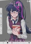  1girl alternate_skin_color animal_ears art_program_in_frame bad_id bad_twitter_id black-framed_eyewear black_hair black_necktie blunt_bangs blush book collared_shirt commentary crystal_prep_academy_school_uniform cutie_mark extra_ears glasses grey_background grin hair_ornament high_ponytail highres holding holding_book horns horse_ears ibispaint_(medium) long_hair long_sleeves looking_at_viewer memoji_7672 multicolored_hair my_little_pony my_little_pony:_equestria_girls my_little_pony:_friendship_is_magic necktie official_alternate_hairstyle pink_hair plaid_clothes plaid_skirt ponytail purple_eyes purple_hair purple_skirt purple_vest school_uniform sci-twi semi-rimless_eyewear shirt simple_background single_horn skirt smile solo standing star_(symbol) star_hair_ornament streaked_hair sweatdrop symbol-only_commentary twilight_sparkle unicorn_girl unicorn_horn upper_body very_long_hair vest white_shirt 