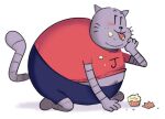 2025 anthro belly big_belly big_jim_(dog_man) black_nose blush bottomwear clothing cupcake dog_man_(series) domestic_cat felid feline felis food hi_res male mammal overweight overweight_male shirt shorts simple_background solo teddyclowns tongue tongue_out topwear