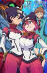  1boy 2girls amate_yuzuriha amate_yuzuriha_(cosplay) beanie black_hair black_hat bodysuit breasts brown_hair character_request cosplay crossdressing flat_chest gquuuuuux green_eyes green_shirt green_skirt group_picture gundam gundam_gquuuuuux hat highres kanashimiojisan large_breasts multiple_girls nyaan_(gundam_gquuuuuux) red_bodysuit red_hair shirt short_hair skirt yellow_eyes 