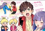  2boys 2girls arrow_(symbol) artist_name blonde_hair blue_bodysuit bodysuit brown_hair commentary_request elle_vianno green_eyes gundam gundam_zz halo heart jacket judau_ashta junjonta long_hair multiple_boys multiple_girls open_clothes open_jacket open_mouth purple_hair red_eyes roux_louka short_hair spoken_heart translation_request twitter_username watermark yellow_halo 