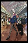  5boys 5girls airport alien alternate_costume ayase_momo ayase_seiko bag black_border black_hair black_jacket black_shirt black_shoes blue_jacket blue_skirt border breasts brown_hair cat cleavage closed_mouth collared_shirt commentary dandadan earrings enjoji_jin flatwoods_monster_(dandadan) floral_print_shirt full_body glasses grandmother_and_granddaughter green_shirt grey_pantyhose grey_shirt hat highres indoors jacket jewelry kitou_naki large_breasts long_hair looking_at_another mature_female miniskirt multiple_boys multiple_girls necktie open_mouth orange_shirt pantyhose partially_unbuttoned pilot_uniform pink_hair red_hair serpo_(dandadan) shiratori_aira_(dandadan) shirt shoes short_hair shoulder_bag skirt smile standing suitcase sunglasses takakura_ken_(dandadan) takeuchi_ryousuke turbo_granny_(dandadan) walking white_hair white_shirt white_skirt 