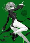  1girl absurdres ass bare_legs black_dress breasts dress green_background green_eyes green_hair highres irokohaku long_sleeves looking_at_viewer monochrome no_panties one-punch_man simple_background small_breasts solo spot_color tatsumaki wavy_hair wide_sleeves 
