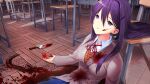  1girl arms_at_sides bags_under_eyes blazer blood blood_on_body blood_on_clothes blood_on_face blood_on_ground blood_on_hands blood_on_knife blood_splatter blood_stain blood_trail blue_skirt breasts brown_jacket brown_sweater_vest button_gap buttons classroom collared_shirt corpse day death desk doki_doki_literature_club doki_doki_literature_club_school_uniform dot_nose double-parted_bangs dress_shirt empty_eyes eyebrows_hidden_by_hair fallen_down fingernails game_cg grey_jacket hair_between_eyes hair_intakes hair_ornament hairclip half-closed_eyes highres horror_(theme) impossible_clothes indoors injury jacket knife large_breasts leaning_back leaning_on_object light_smile long_eyelashes long_hair long_sidelocks long_sleeves neck_ribbon non-web_source official_art on_floor open_hands parted_lips pleated_skirt pool_of_blood purple_eyes purple_hair raised_inner_eyebrows red_ribbon ribbon satchely school school_desk school_uniform self-harm shirt sidelocks sitting skirt smile solo spoilers stab suicide sunlight sweater_vest teeth thick_eyelashes upper_body variant_set very_long_hair window_shadow wing_collar wooden_chair wooden_desk wooden_floor yuri_(doki_doki_literature_club) 