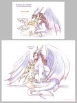 2019 after_transformation artist_name blonde_hair blue_eyes blush border brown_hair colored dialogue dirii dragon duo english_text eye_contact feathered_wings feathers female feral fur grey_border hair horn hug looking_at_another male membrane_(anatomy) membranous_wings mika_(snowderg) mythological_creature mythological_scalie mythology nude paws quadruped red_eyes scalie sequence shaded simple_background sitting sitting_on_ground smile strawberrytfs tail tail_wraps text white_background wings wraps