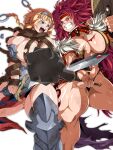  2girls abs absurdres armor armored_boots belt bikini_armor black_panties blonde_hair blue_eyes blush boots braid breasts brown_belt commentary_request crossed_weapons exiled_warrior_leina feet_out_of_frame grin hairband headband highres holding holding_mace holding_shield holding_sword holding_weapon huge_breasts leina_(queen&#039;s_blade) long_hair looking_at_another mace metal_hairband multiple_girls muscular muscular_female navel open_mouth panties purple_eyes queen&#039;s_blade red_hair red_headband revealing_clothes risty_(queen&#039;s_blade) ryohei_29 shield short_hair simple_background smile sparks spiked_mace spikes sword twin_braids underwear v-shaped_eyebrows weapon white_background wilderness_bandit_risty 
