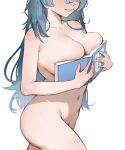  1girl absurdres azur_lane blue_hair boobs_in_book_(meme) book breasts collarbone completely_nude covering_privates eyes_out_of_frame grin head_out_of_frame highres holding holding_book huge_breasts long_hair marco_polo_(azur_lane) meme navel nude nude_cover parted_lips salsa_dance second-party_source smile solo standing stomach thighs very_long_hair 
