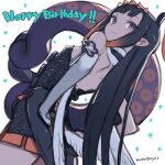  1girl black_collar black_dress black_gloves blue_eyes blunt_bangs closed_mouth collar commentary_request detached_sleeves dress dutch_angle feathered_wings flat_chest from_behind fur-trimmed_collar fur_trim gloves gradient_hair half_gloves happy_birthday hololive hololive_english kuroboshi_kouhaku light_smile long_hair looking_back low_wings miniskirt mole mole_under_eye multicolored_hair ninomae_ina&#039;nis ninomae_ina&#039;nis_(1st_costume) orange_hair orange_skirt pleated_skirt pointy_ears purple_hair short_dress sidelocks simple_background single_detached_sleeve skirt skirt_under_dress solo straight_hair strapless strapless_dress tentacle_hair tentacles tube_dress very_long_hair virtual_youtuber white_sleeves white_wings wings 